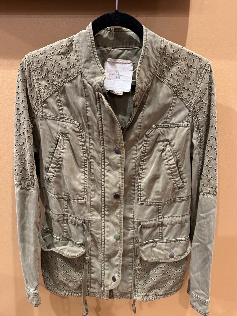Anthropologie Hei Hei Olive Green Marais Eyelet Anorak Utility Jacket Size (M)
